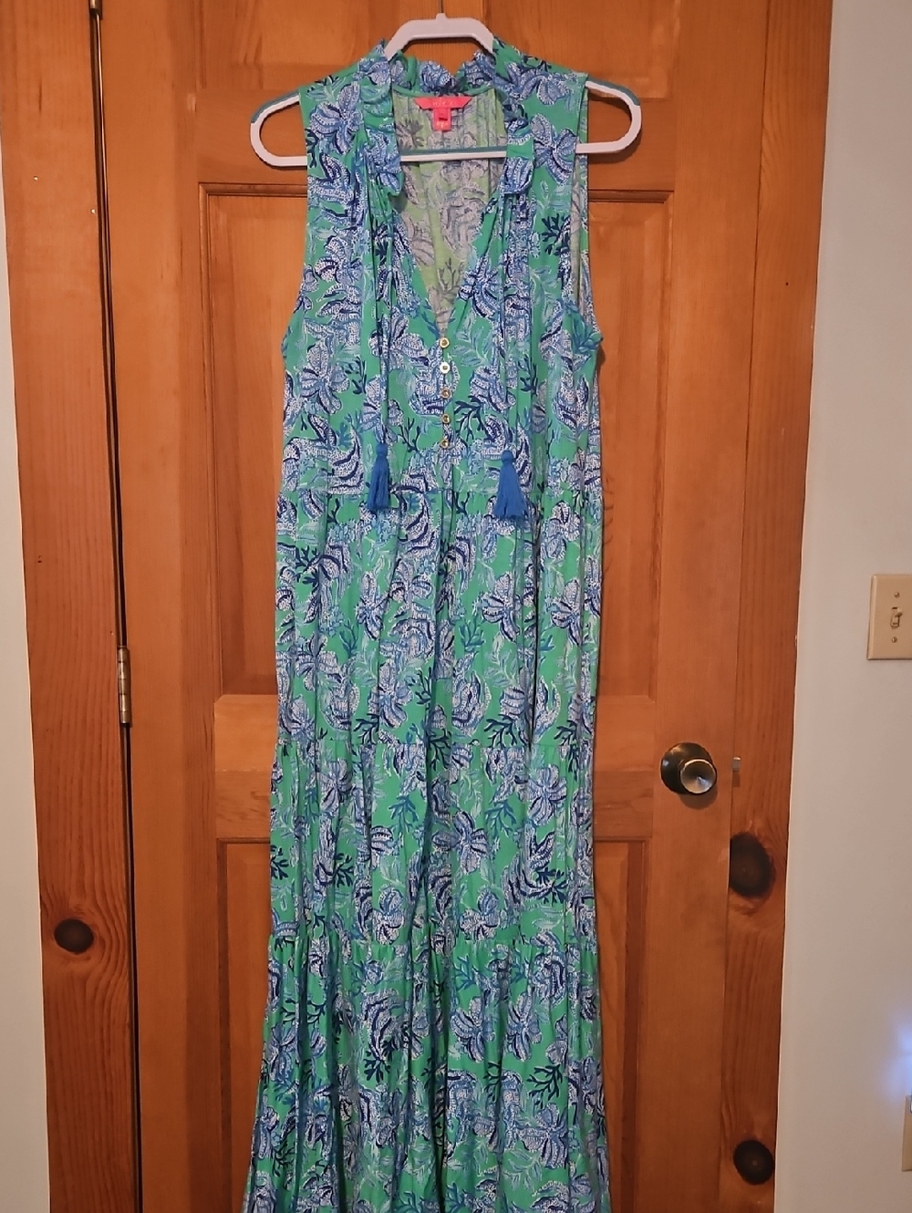 Lilly Pulitzer Green Maxi Dress with Blue Floral Print